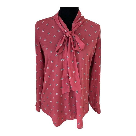 LOFT Rose Pink Dot Tie Neck Bow Tunic Blouse Top XS Oversized Fits Small - Picture 2 of 8